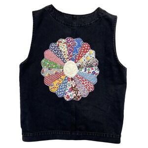 Upcycled Denim Vest Large  Vintage Quilted Patchwork Appliqué Dresden Plate EUC